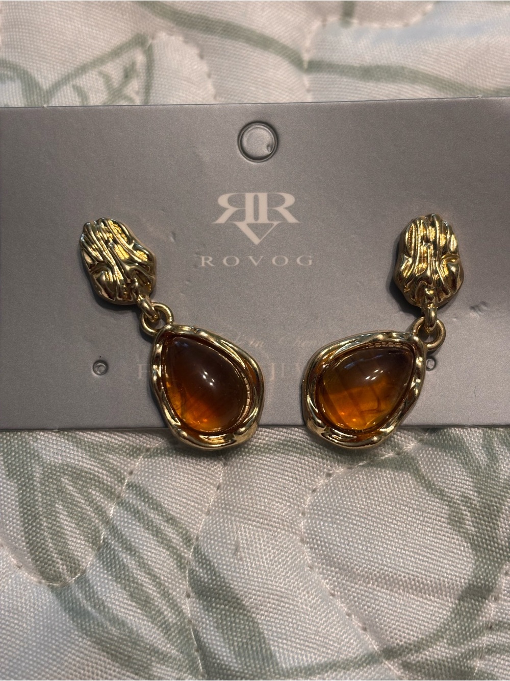 Gold tone Teardrop Amber Glass Drop Earrings